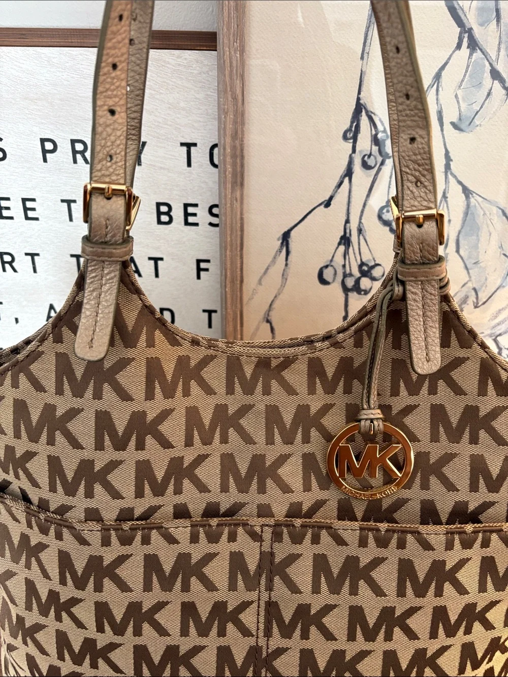 MICHAEL KORS Jacquard Monogram Jet Set MK Tote with Gold Charm Brown - Picture 3 of 14